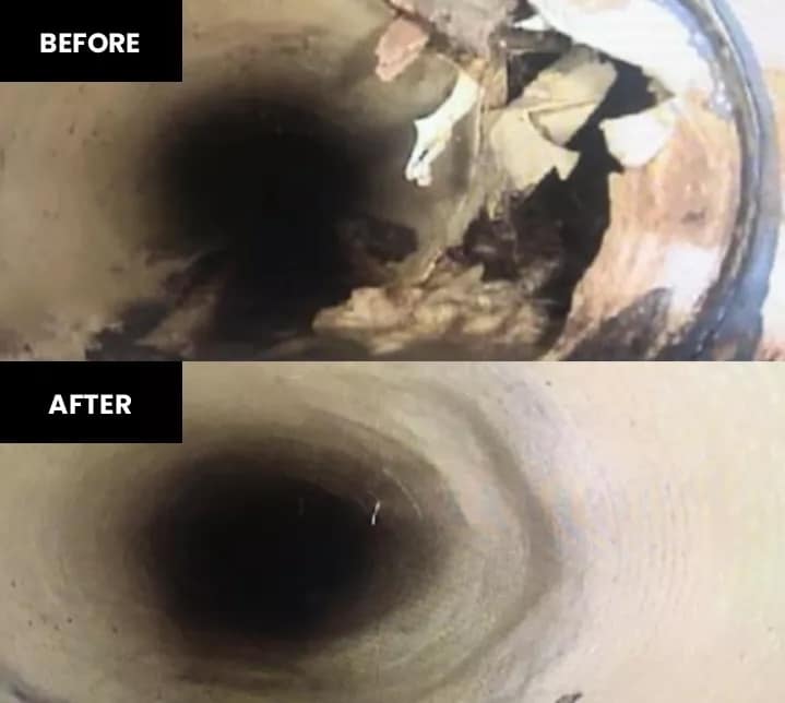Before and after CIPP pipe lining showing significant improvement in clarity and cleanliness.