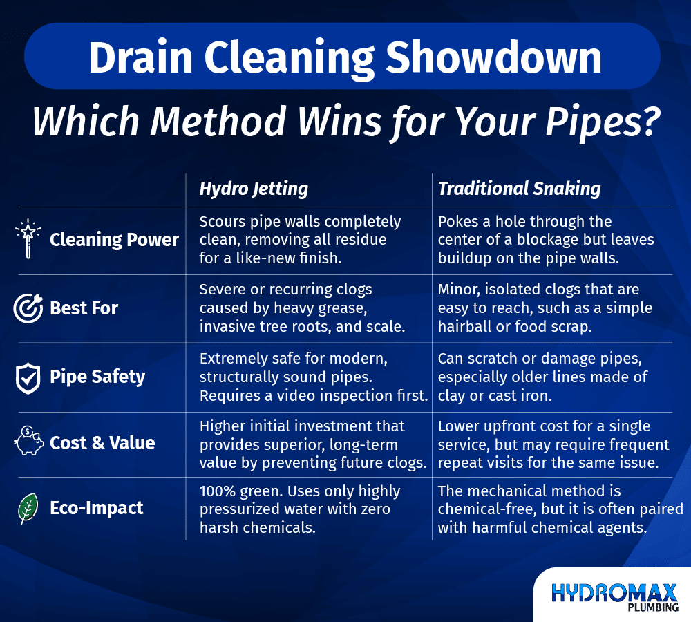 Compare drain cleaning methods: hydro jetting vs. traditional snaking for effective pipe maintenance.