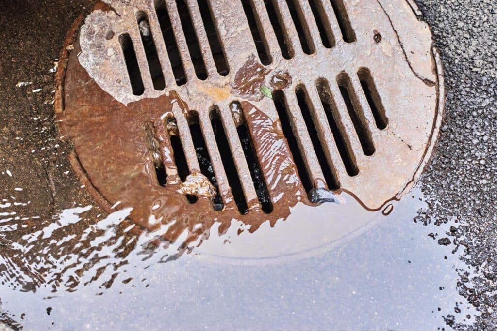 Rusty drain cover reflected in a puddle on a rainy day.