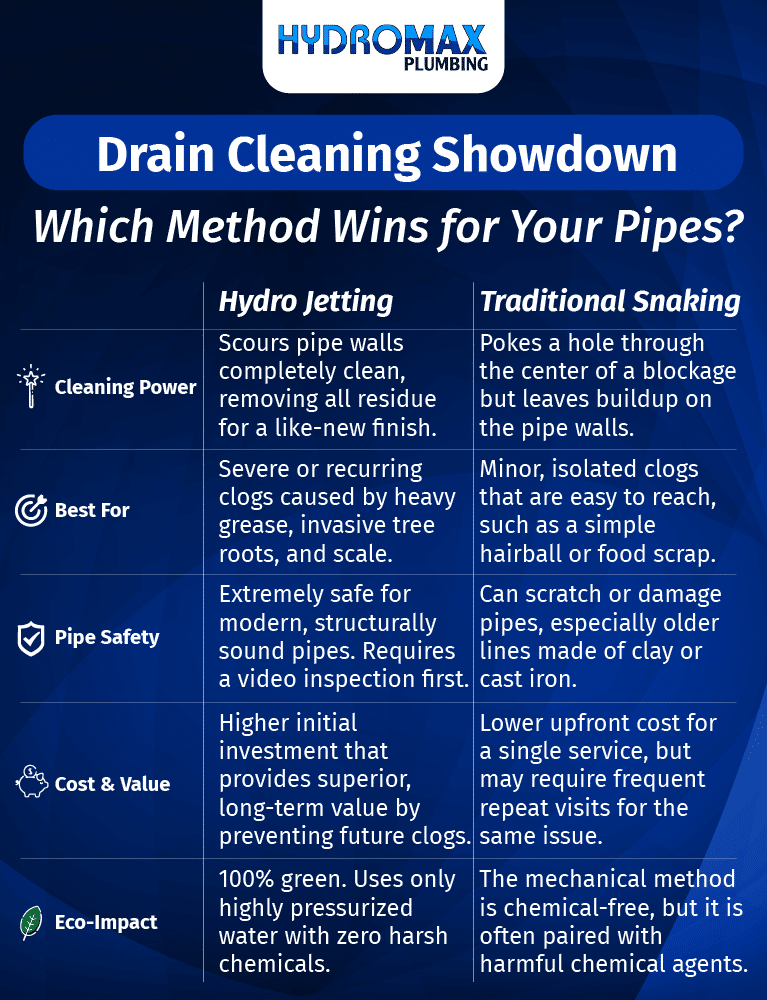 Comparing hydro jetting and traditional snaking for effective drain cleaning solutions.