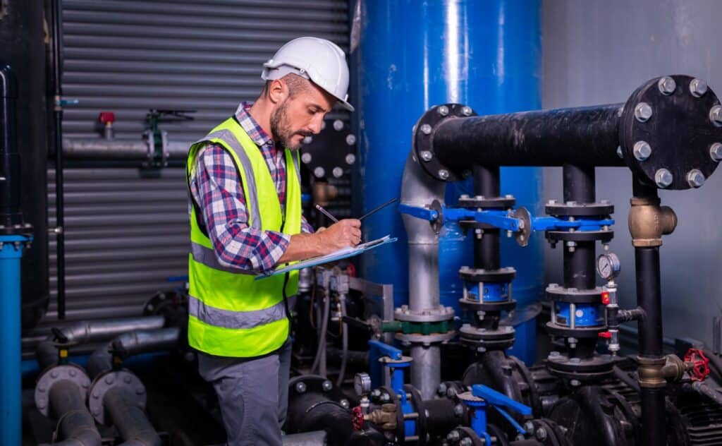Worker in safety gear conducting a safety inspection in an industrial setting.