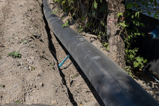 Pipeline installation project featuring a large pipe laid in a trench near a tree.