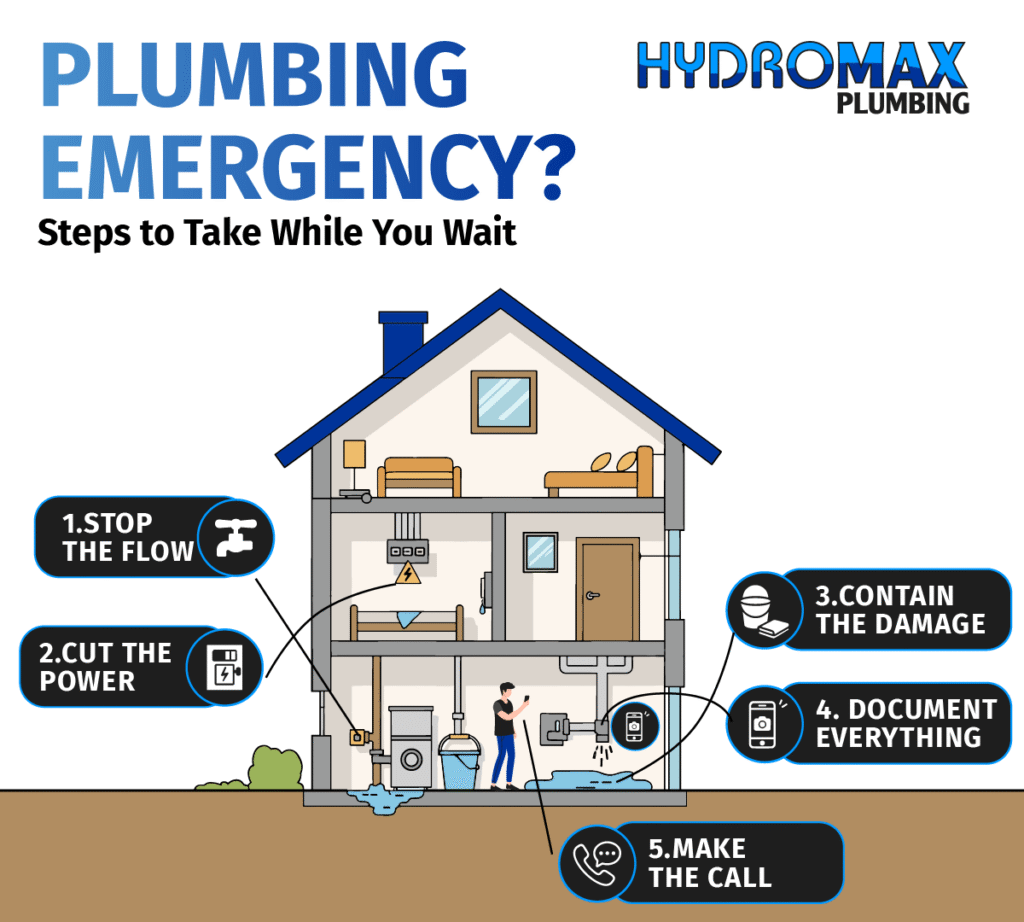 Plumbing emergency steps: Stop flow, cut power, contain damage, document, and call for help.