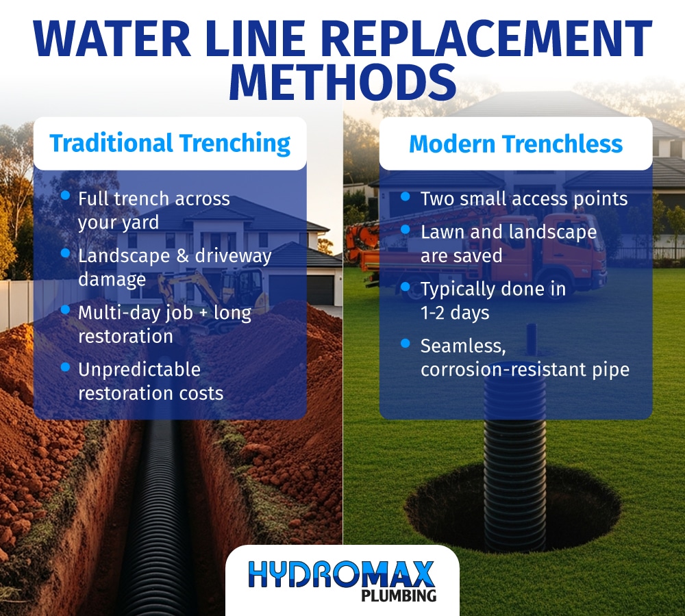 Water line replacement methods: traditional trenching versus modern trenchless techniques.