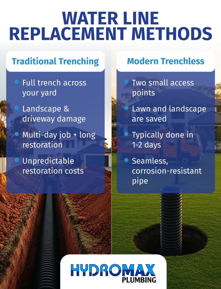 Water line replacement methods: traditional trenching versus modern trenchless techniques for efficient repair.