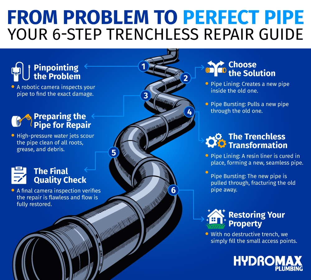 6-step guide for trenchless pipe repair solutions and restoration.