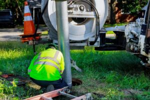 Plumber using trenchless technology for efficient pipe repair at a job site.