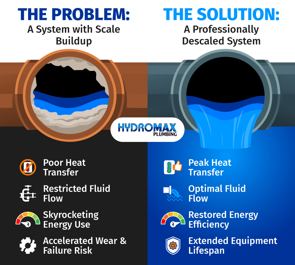 Scale buildup solutions: Improve plumbing efficiency and extend equipment lifespan with professional descaling services.