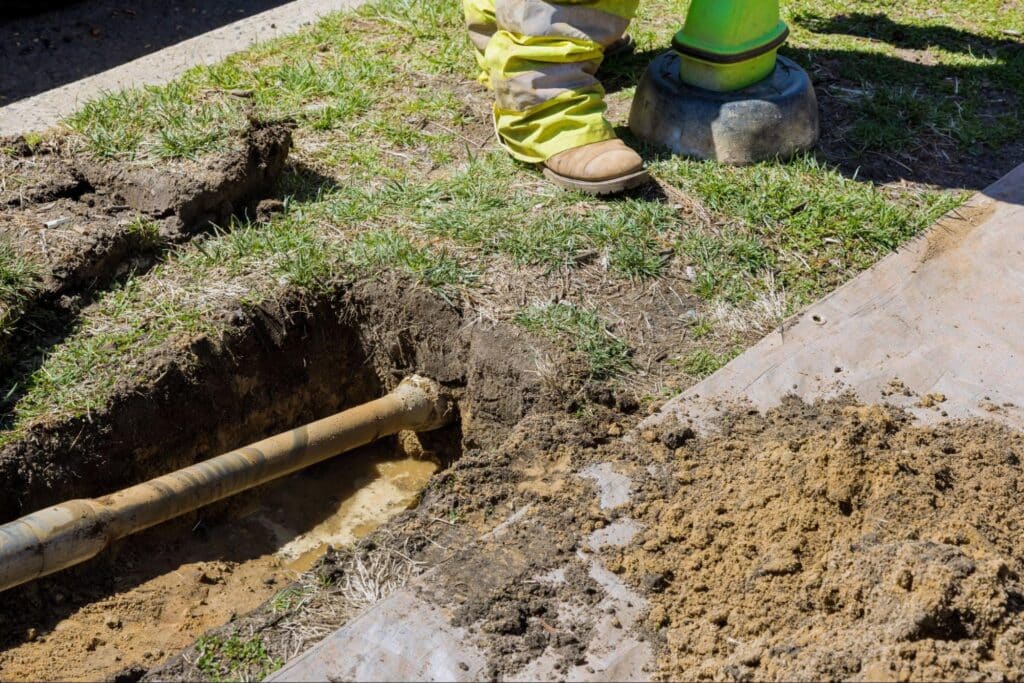 Construction worker excavating a trench for piping repair in a grassy area.