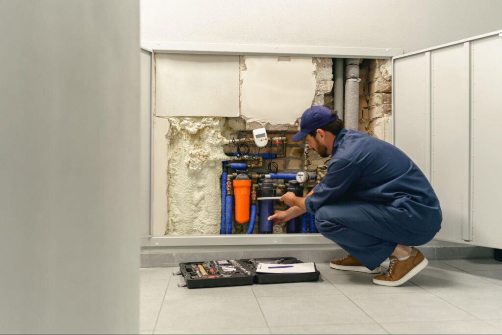 Plumber inspecting pipes with tools in a modern kitchen renovation setting.