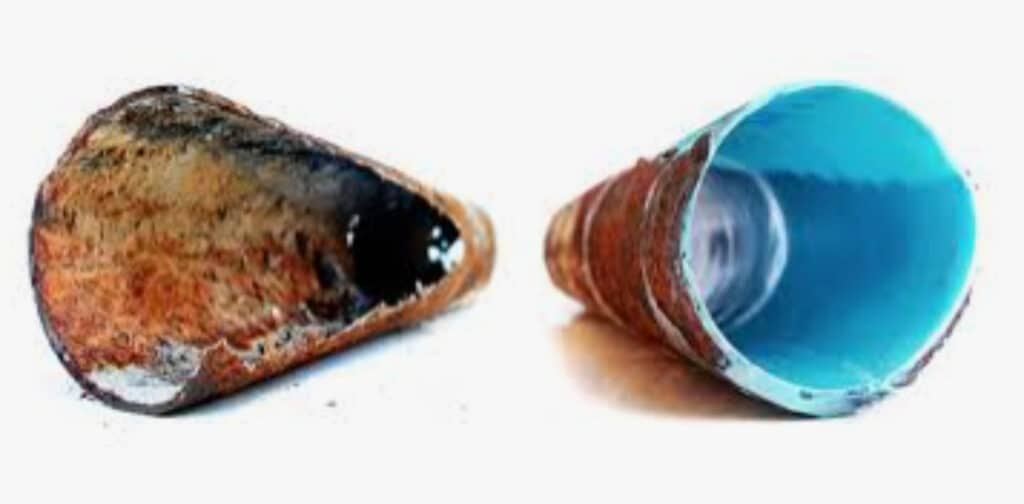Before and after pipe lining comparison showcasing pipe condition transformation.