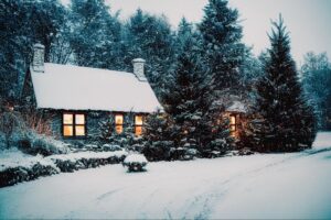 Cozy winter cottage surrounded by snow-covered trees and soft, glowing lights.