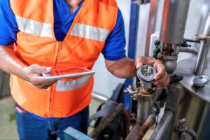 Technician inspecting machinery with a tablet for maintenance and monitoring.