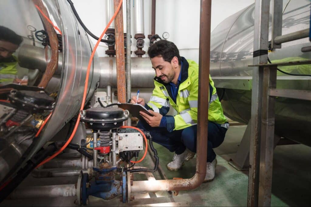Technician inspecting machinery and recording data for regular plumbing maintenance