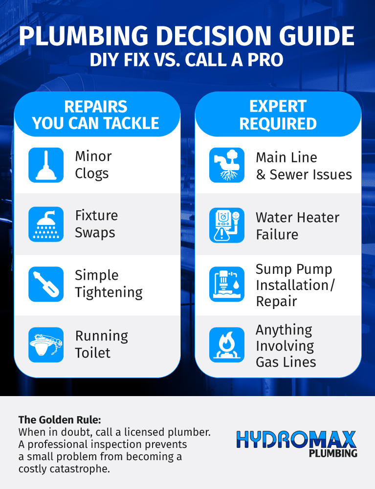 Plumbing decision guide for DIY repairs versus professional plumbing services.