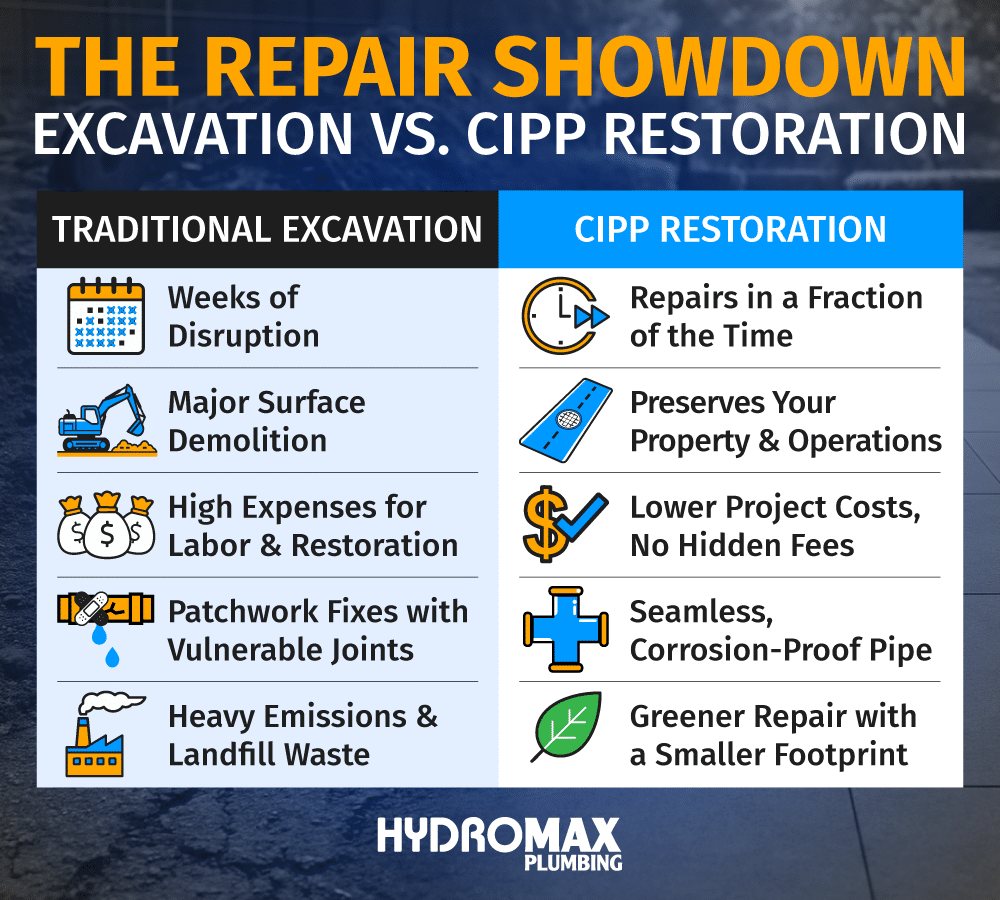 Compare excavation and CIPP restoration for efficient plumbing repairs and cost savings.