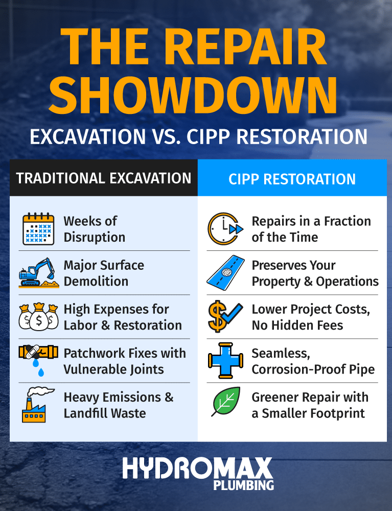 Comparison of excavation and CIPP restoration for plumbing repairs and benefits.