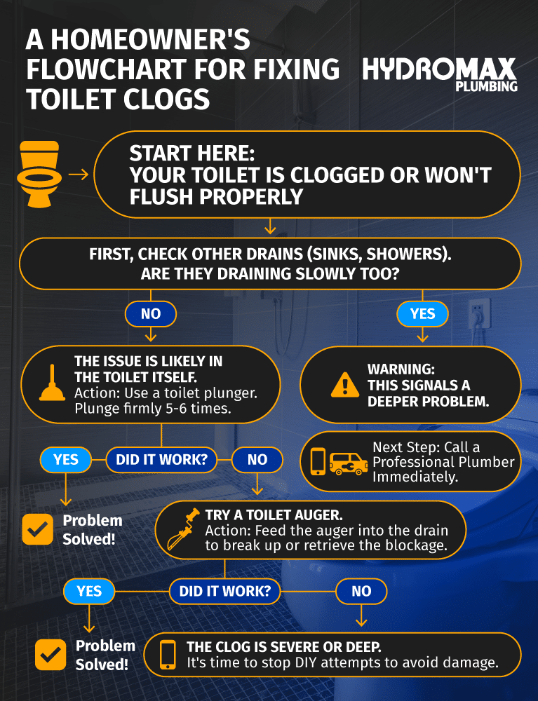 Flowchart for homeowners on fixing toilet clogs and addressing plumbing issues.