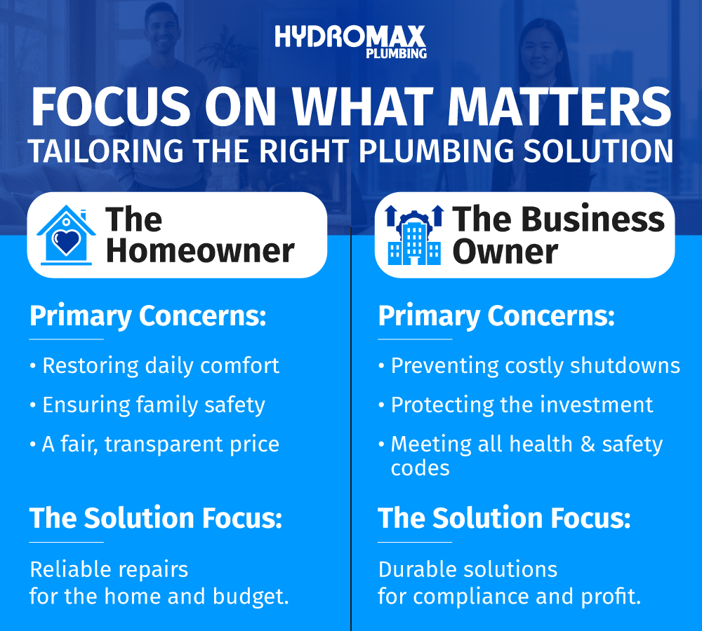 Tailored plumbing solutions for homeowners and business owners addressing comfort and compliance needs.