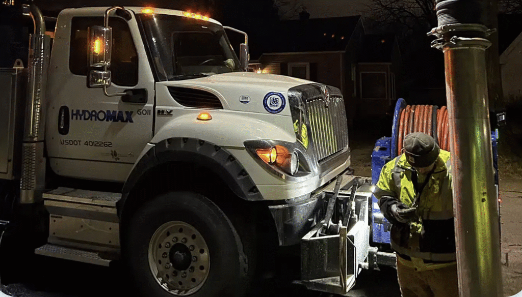 Hydromax crew performing nighttime utility work on a city street.