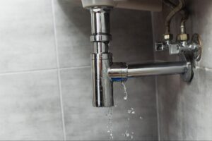 Leaky chrome plumbing drain under a sink with water droplets.