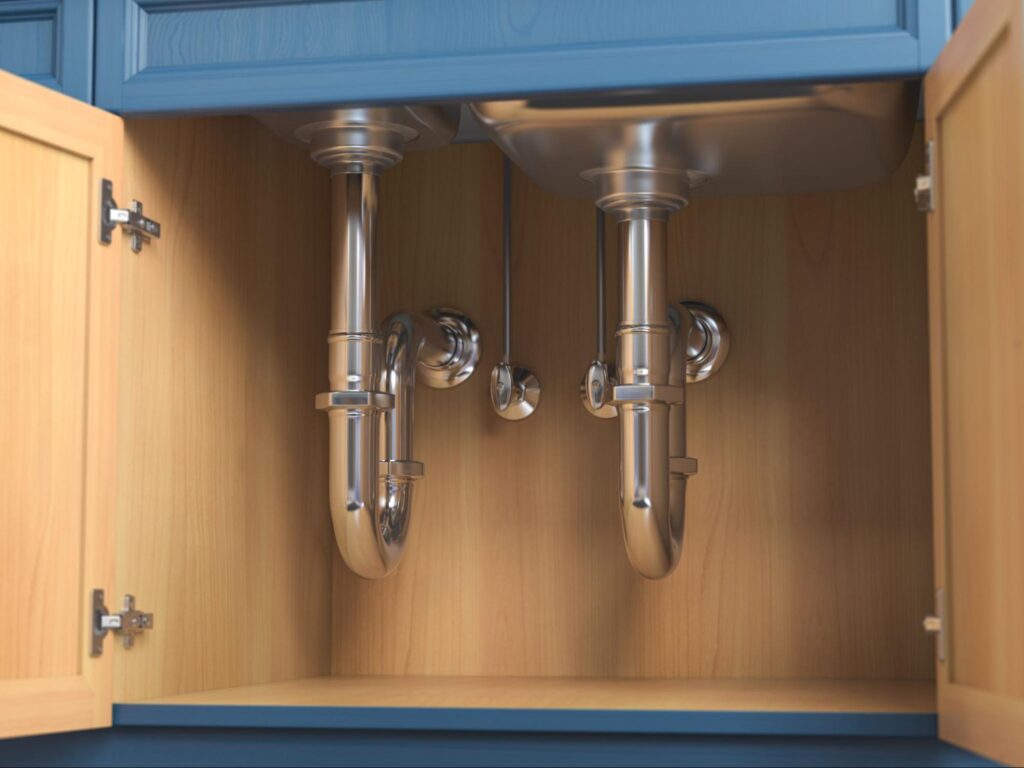 Stylish kitchen plumbing design with shiny pipes under the sink and blue cabinetry.