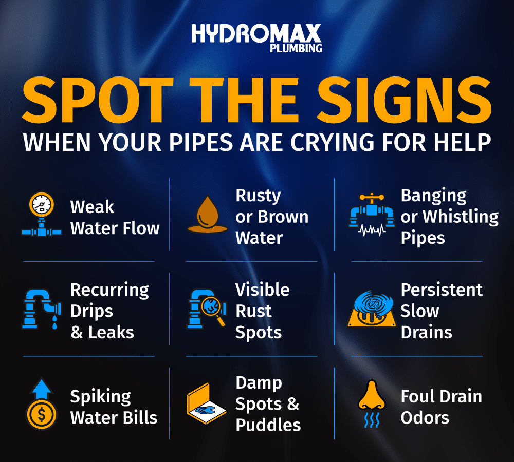 Signs your plumbing pipes need help: weak flow, rust, leaks, odors, and high bills.